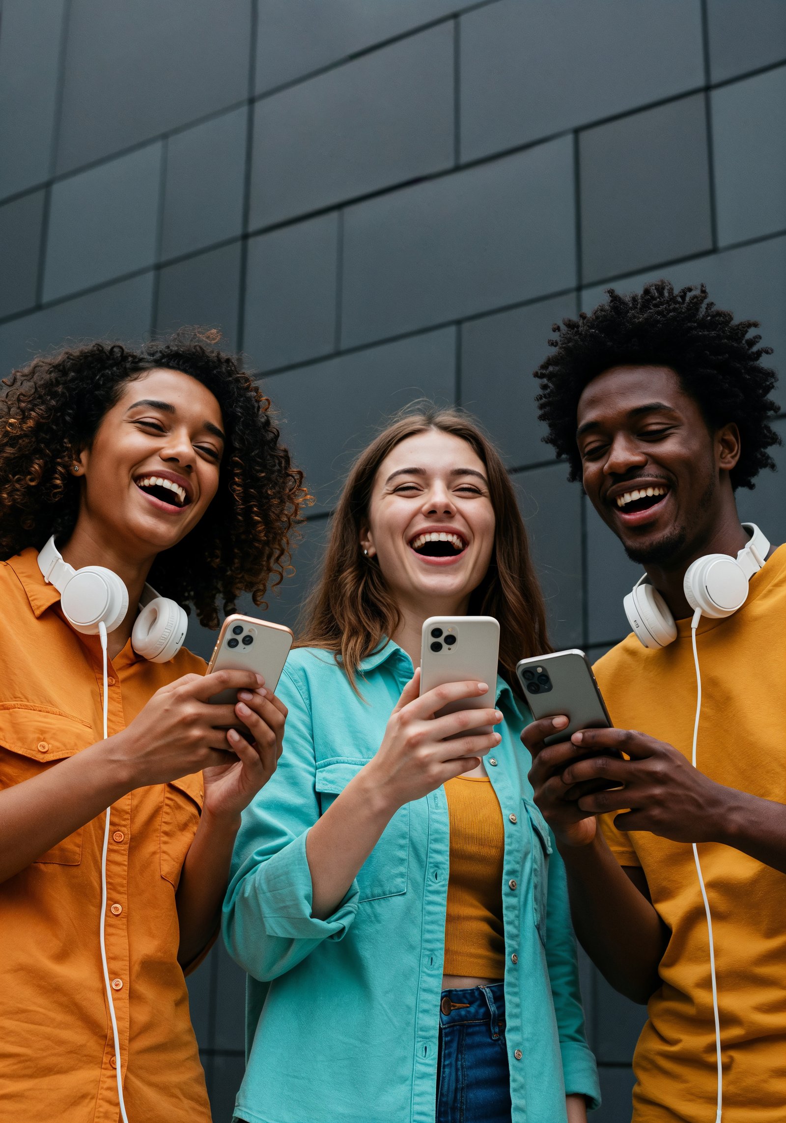 Friends using smartphones outdoors